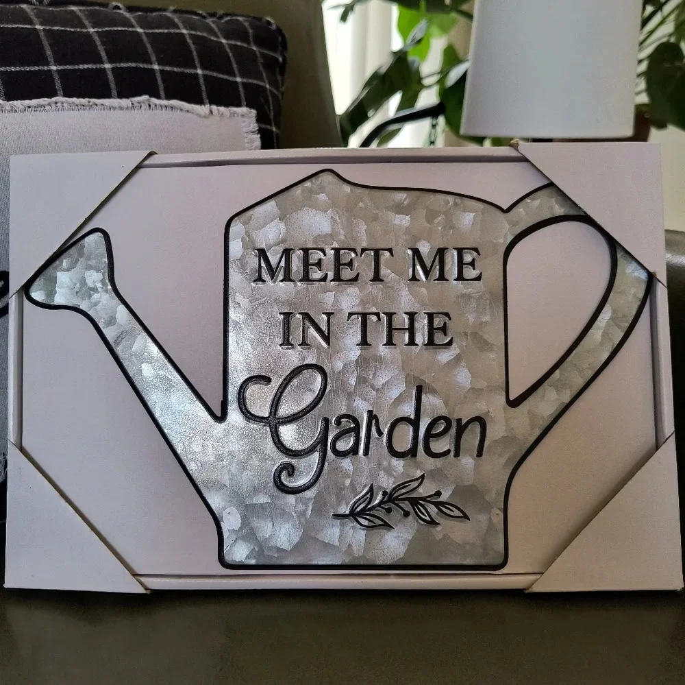 Shiny pink watering can wall sign Meet Me in the Garden home decor